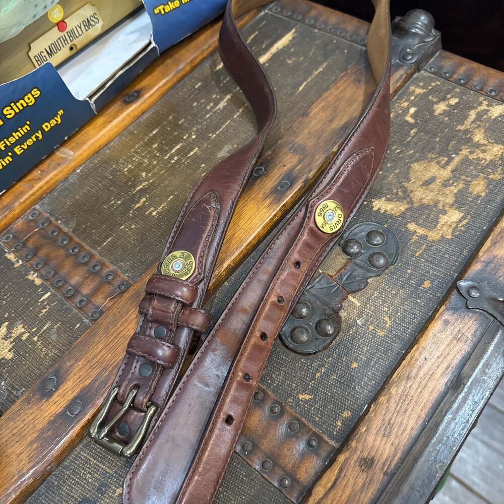Orvis Mens 12 GA 1856 Leather Gauge Shotgun Brown Belt Sz36 with Brass Buckle - Picture 4 of 4